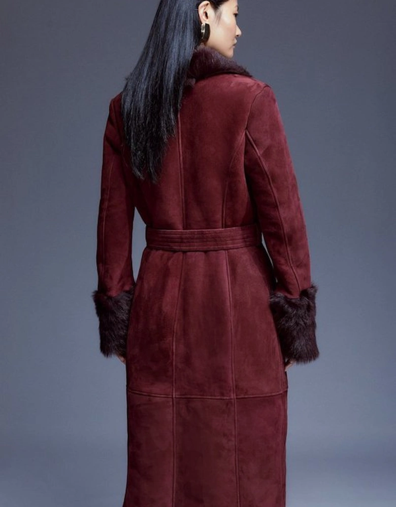 Shearling Cuff And Collar Wrap Belted Coat