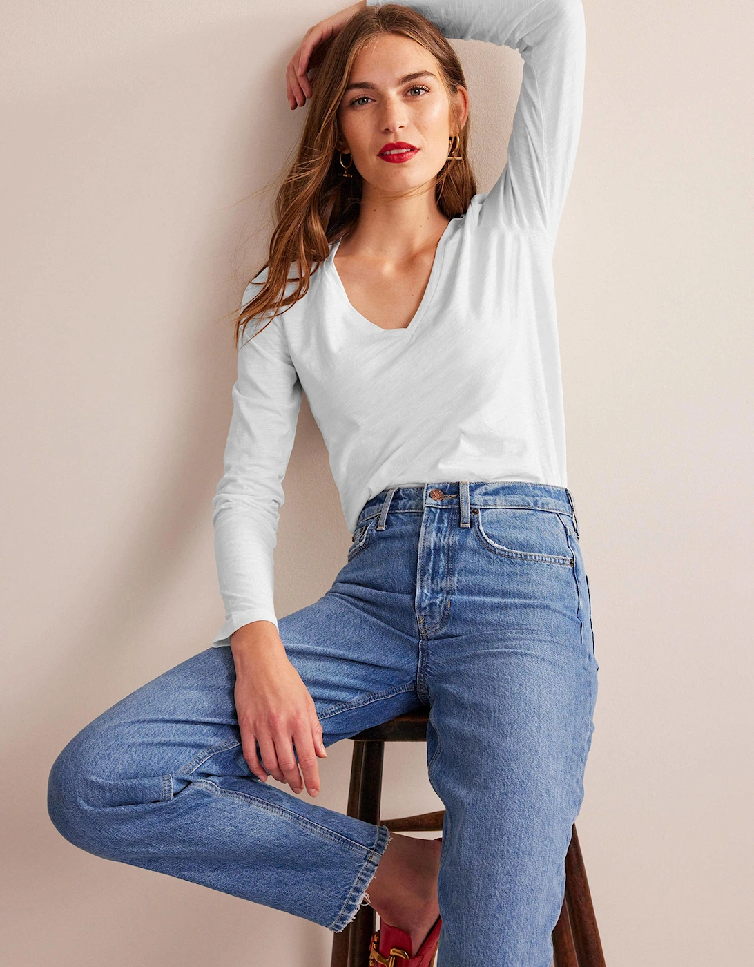 Cotton V-Neck Long Sleeve Top, 2 of 1