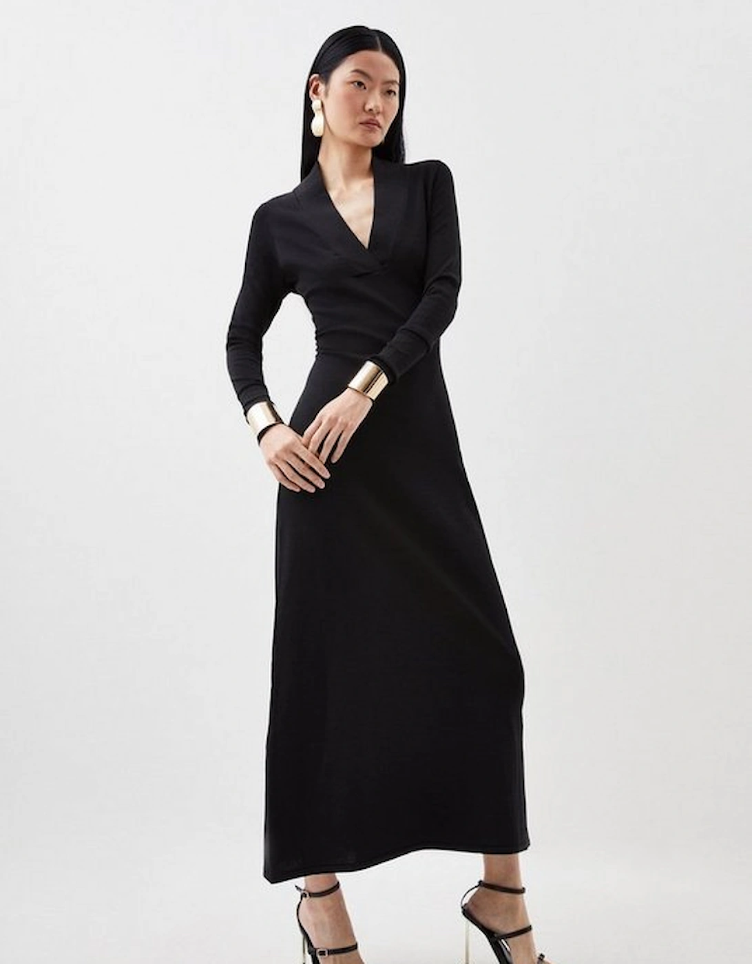 Viscose Blend Knit Midaxi Dress With Shawl Collar, 5 of 4