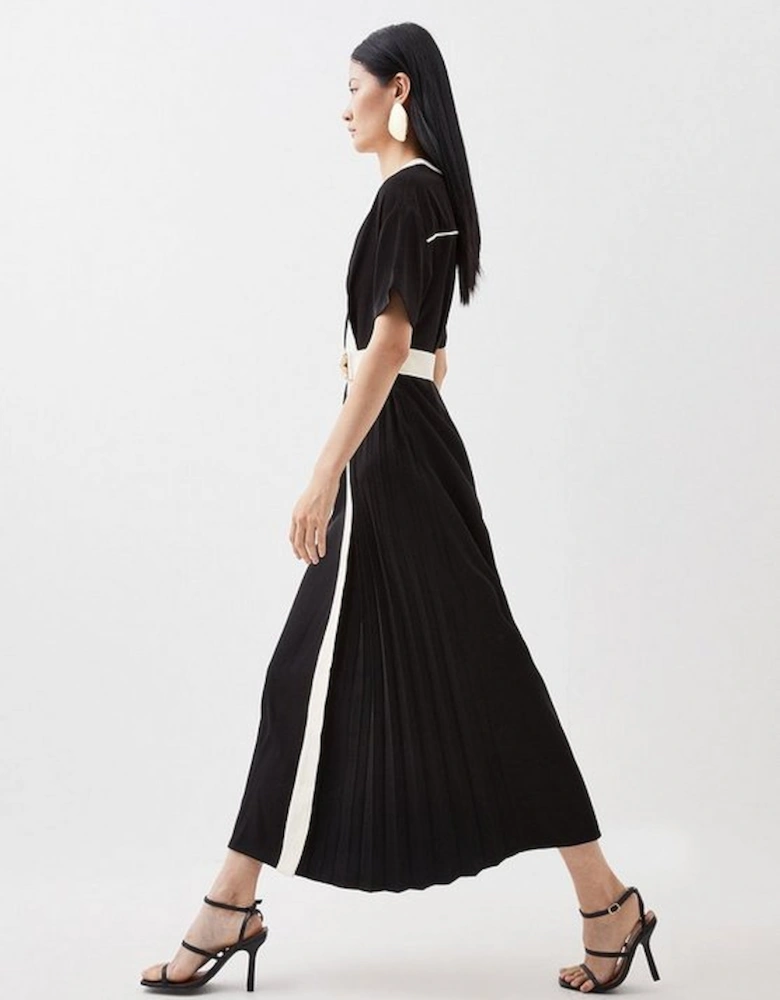 Contrast Twill Button Detail Belted Midi Dress