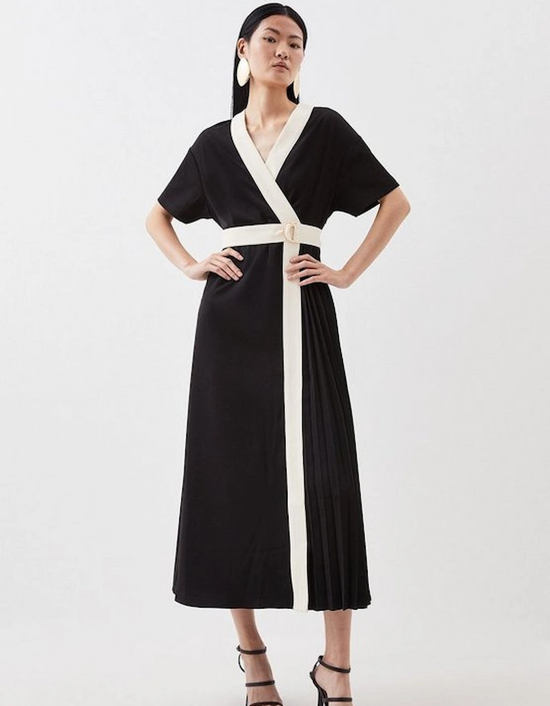 Contrast Twill Button Detail Belted Midi Dress, 5 of 4