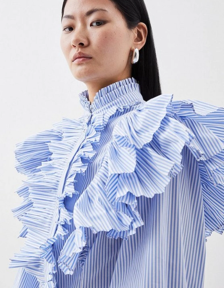 Pleated Striped Ruffle Woven Shirt