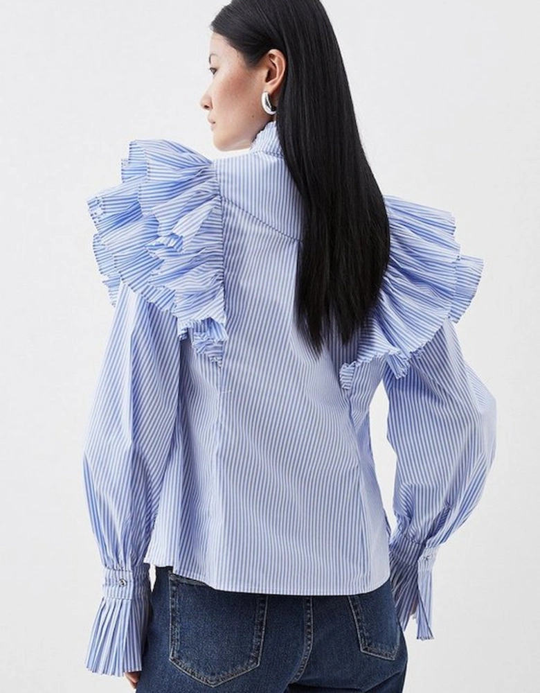 Pleated Striped Ruffle Woven Shirt