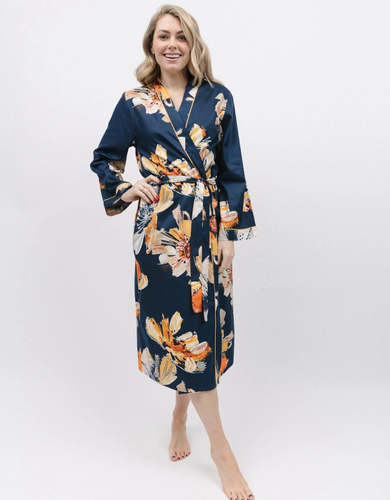 Navy Floral Print Long Dressing Gown