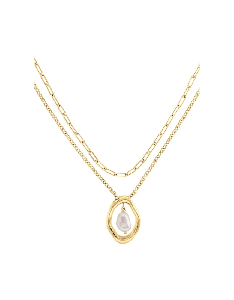 Women's gold plated double chain necklace with pearl details