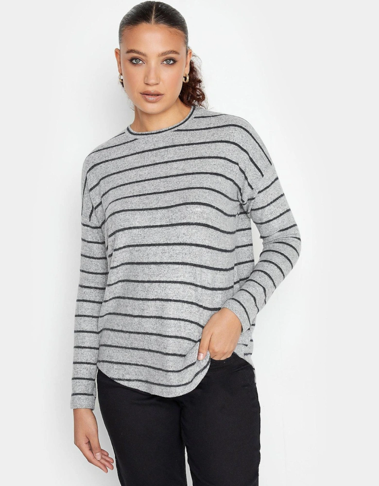 Stripe Curved Hem Top - Grey