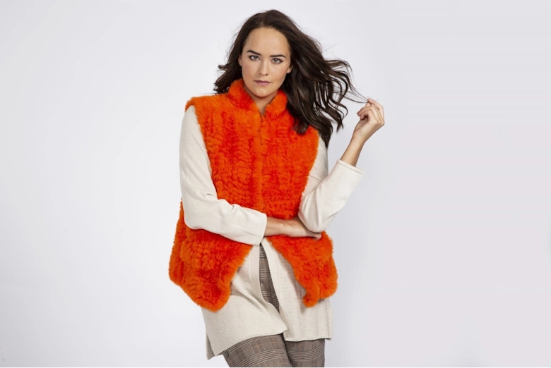 Orange Hand Knitted Faux Fur Gilet
