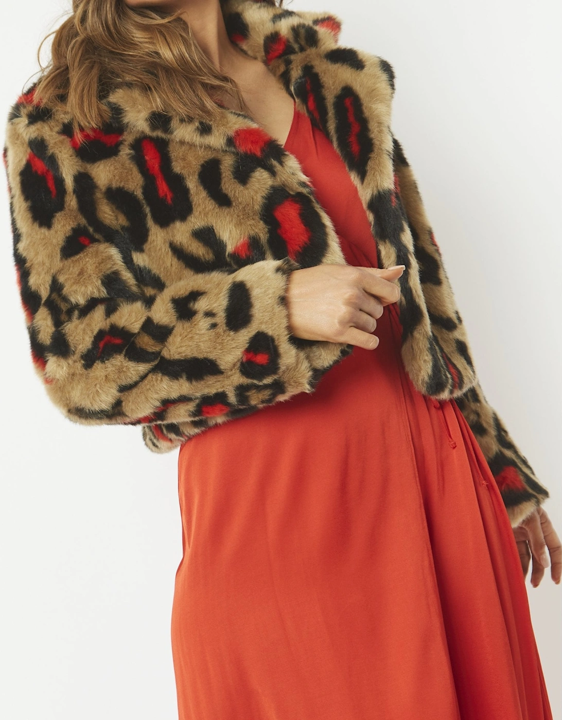 Red Faux Fur Animal Print Cropped Jacket