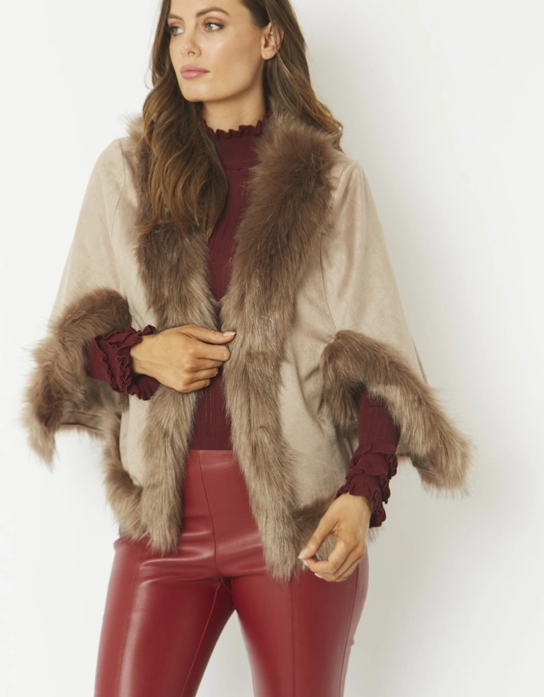 Mocha Faux Fur Faux Suede Cape Jacket