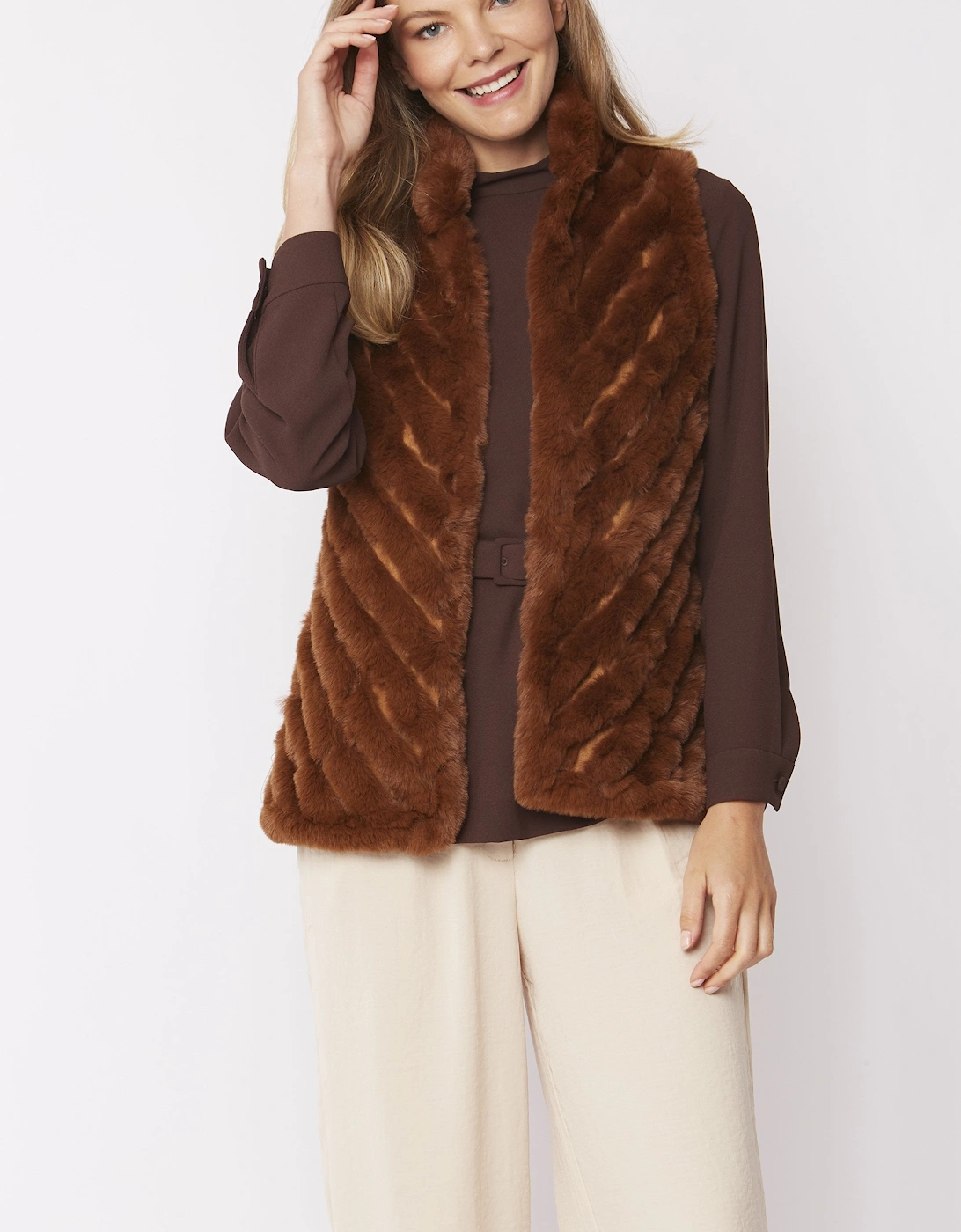 Mocha Faux Fur Faux Suede Diagonal Stripe Gilet