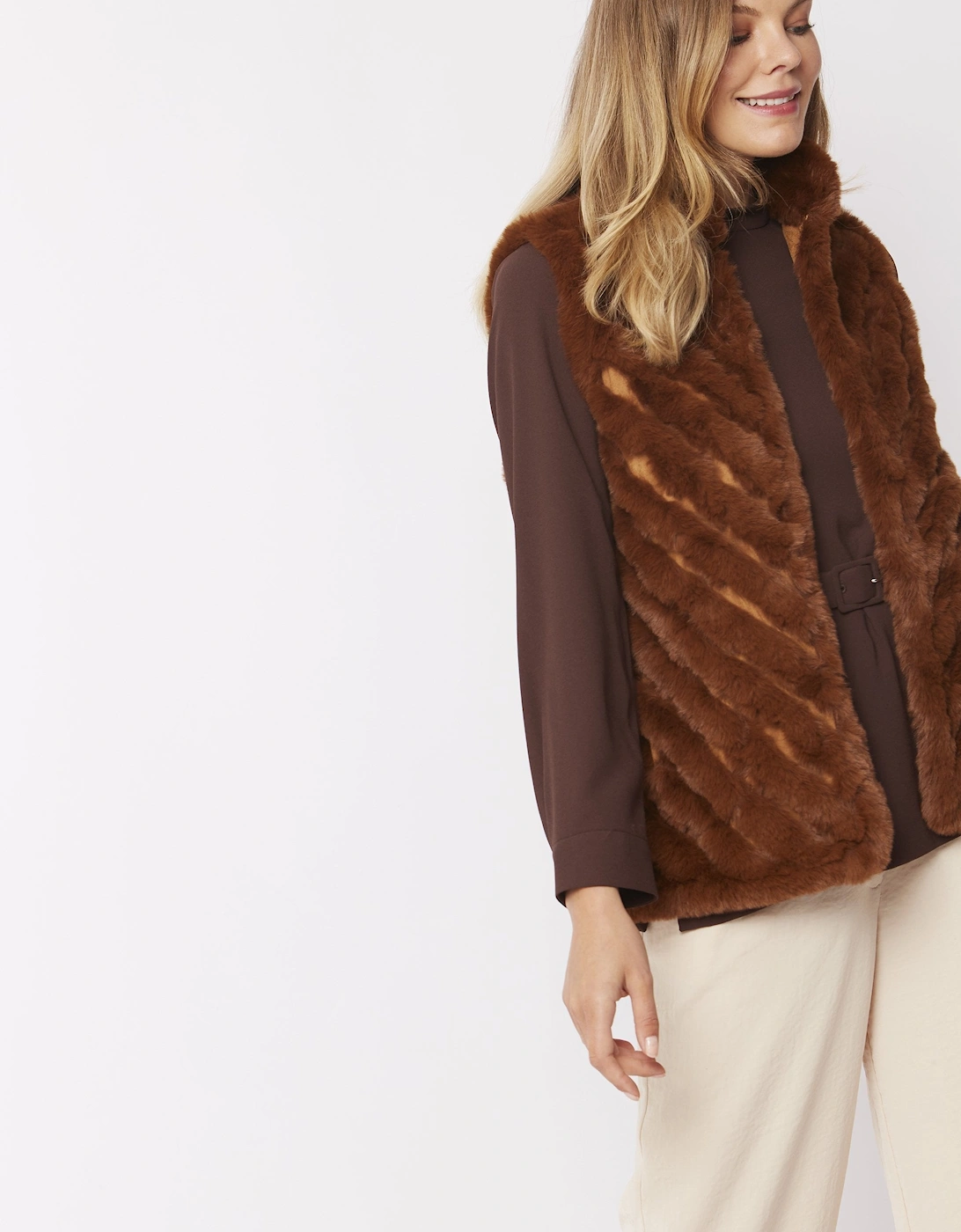 Mocha Faux Fur Faux Suede Diagonal Stripe Gilet