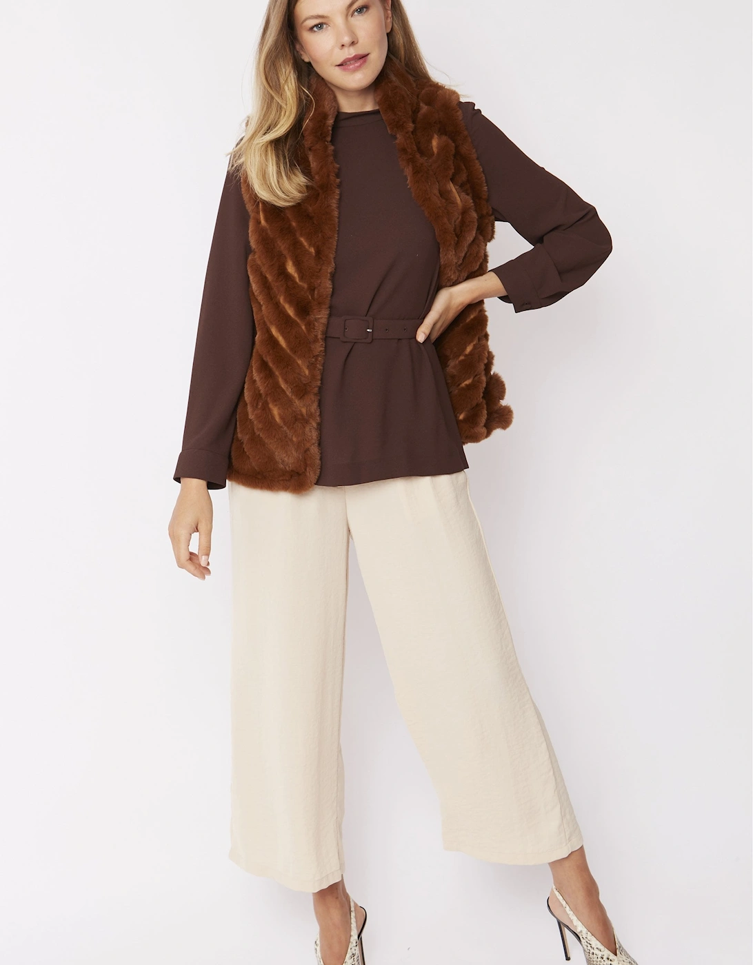 Mocha Faux Fur Faux Suede Diagonal Stripe Gilet