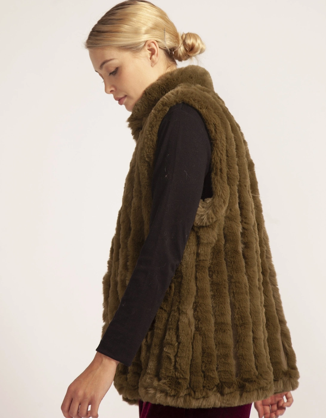 Green Faux Fur Faux Suede Vertical Stripe Gilet