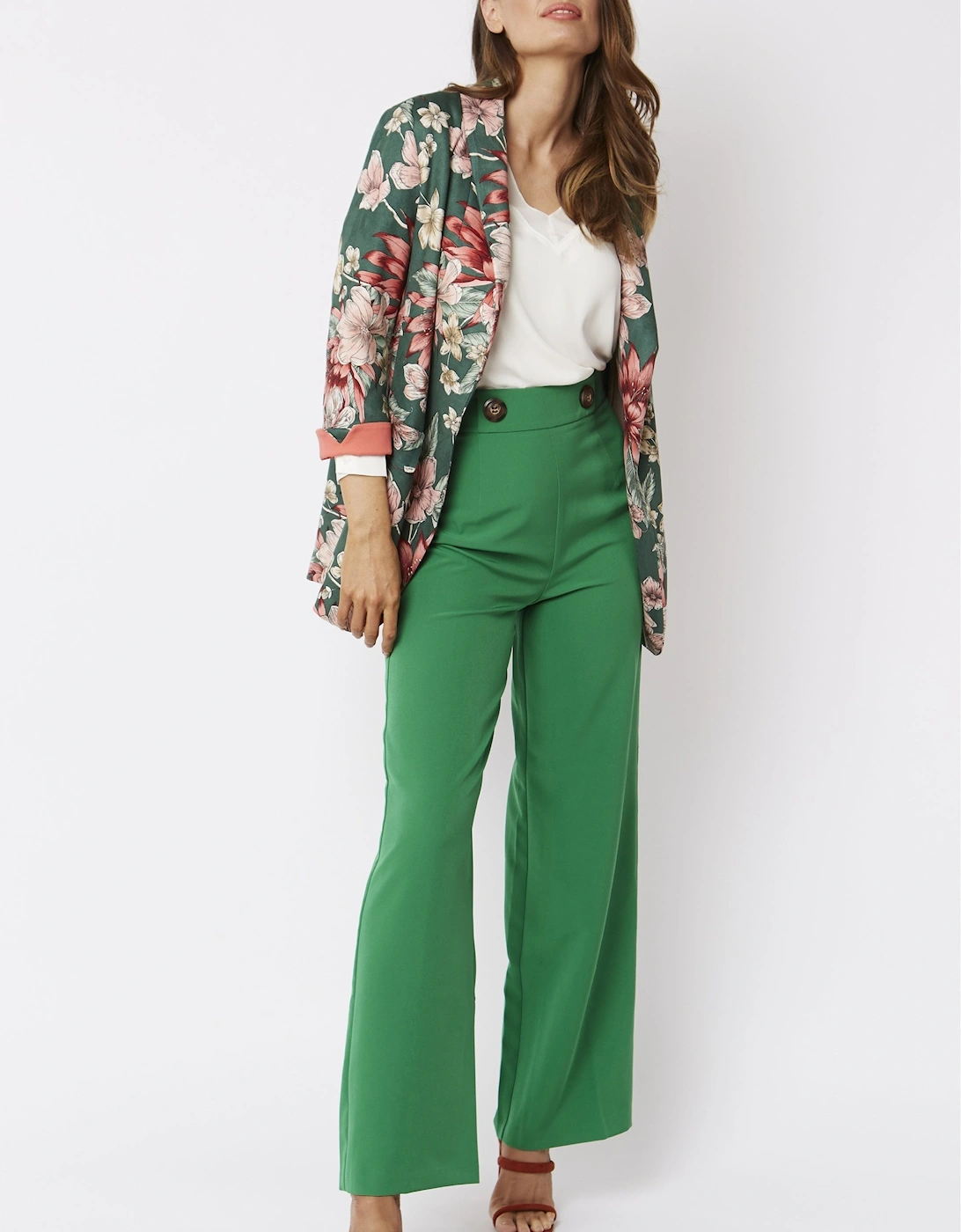 Green Faux Suede Floral Print Blazer Jacket