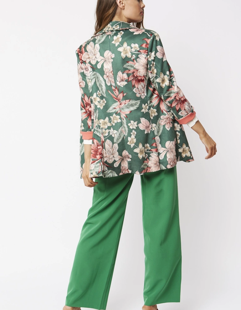 Green Faux Suede Floral Print Blazer Jacket