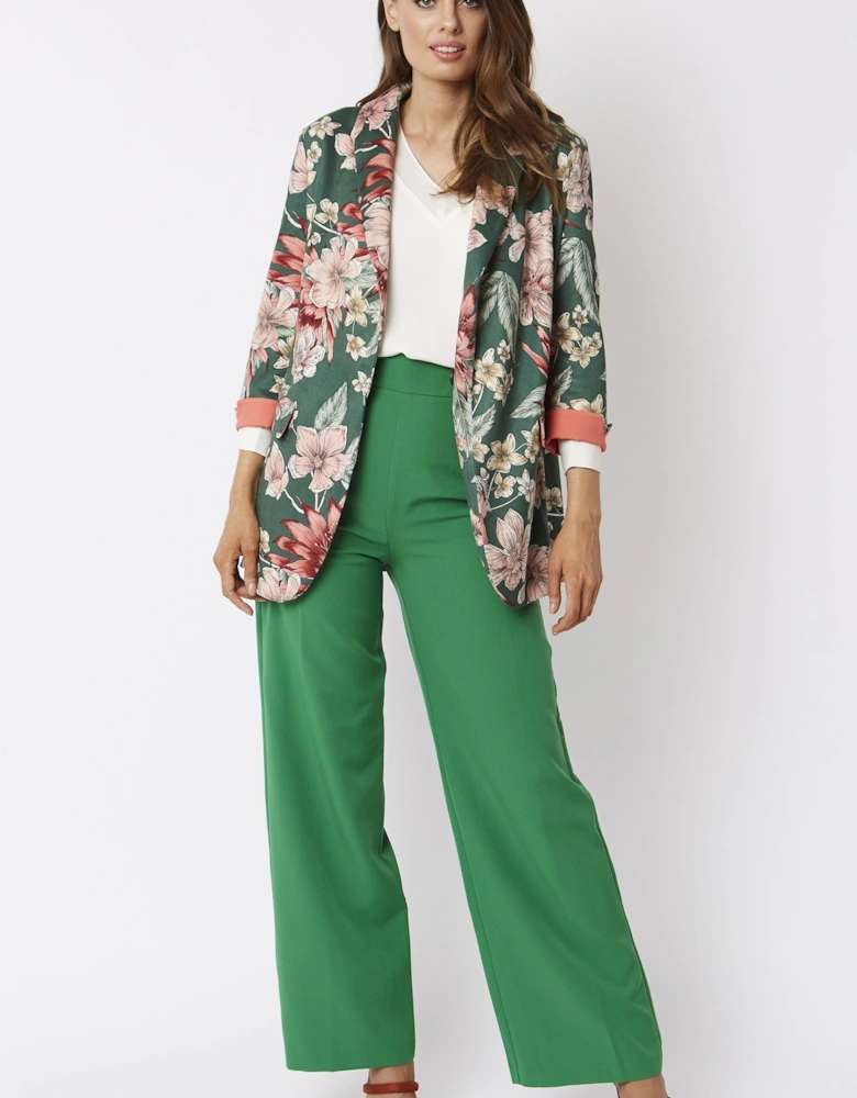 Green Faux Suede Floral Print Blazer Jacket