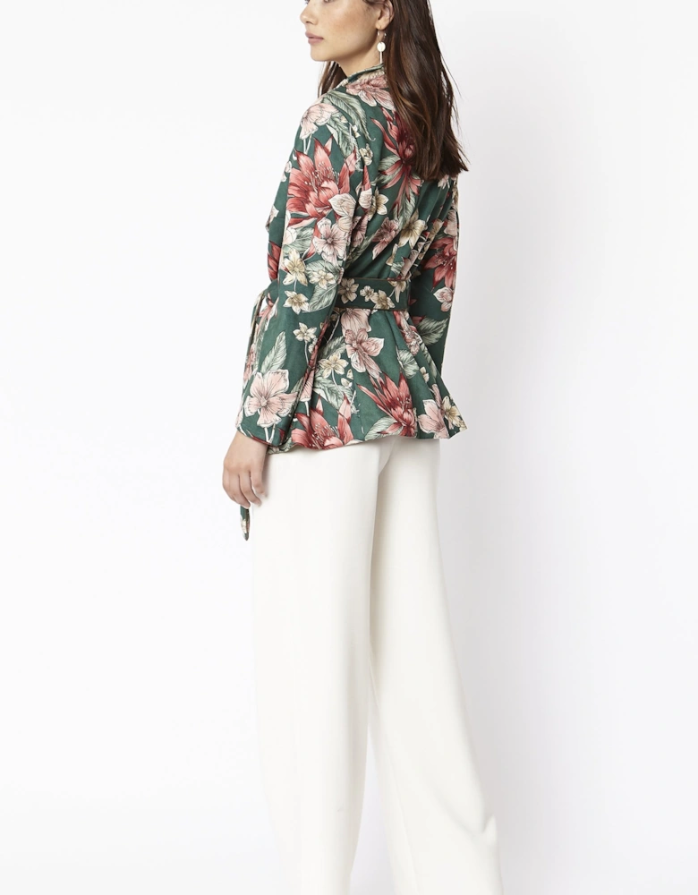 Green Floral Print Faux Suede Tie Waist Jacket