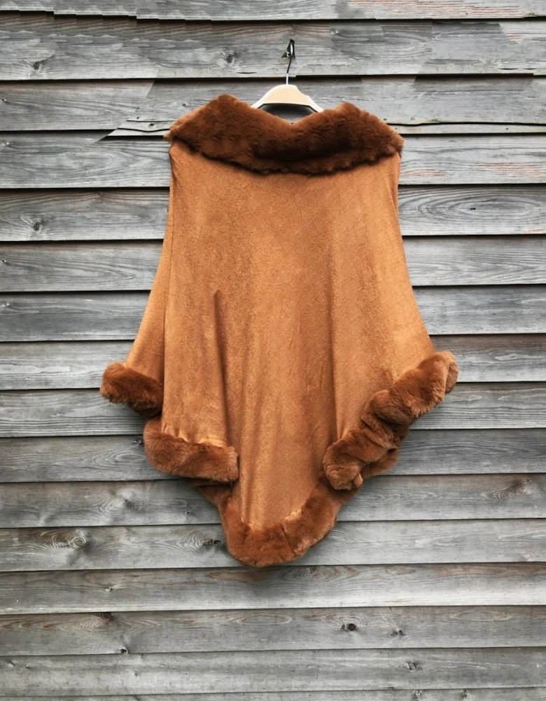 Chocolate Faux Fur Trim Poncho