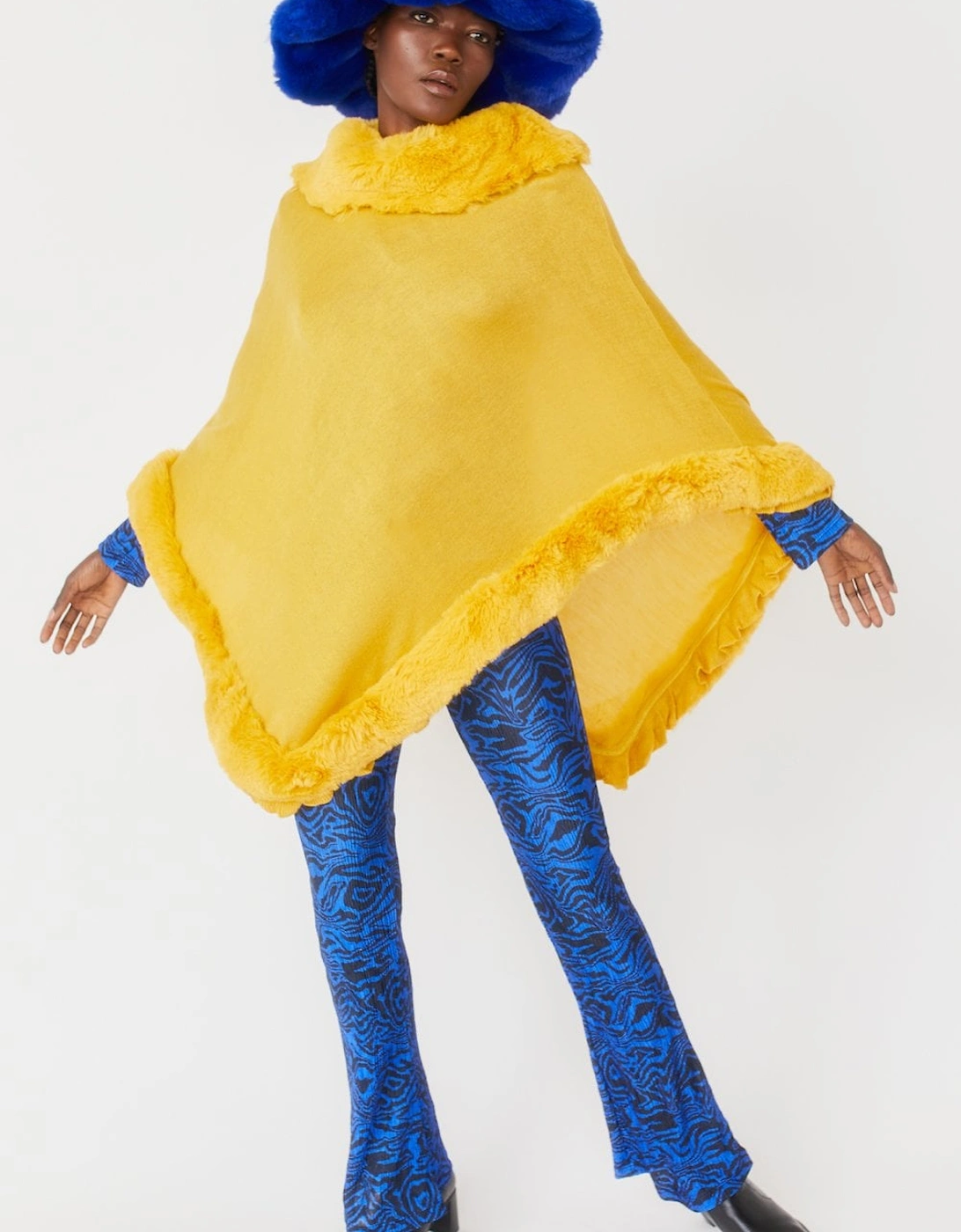 Yellow Faux Fur Trim Poncho