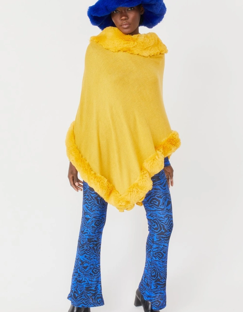 Yellow Faux Fur Trim Poncho