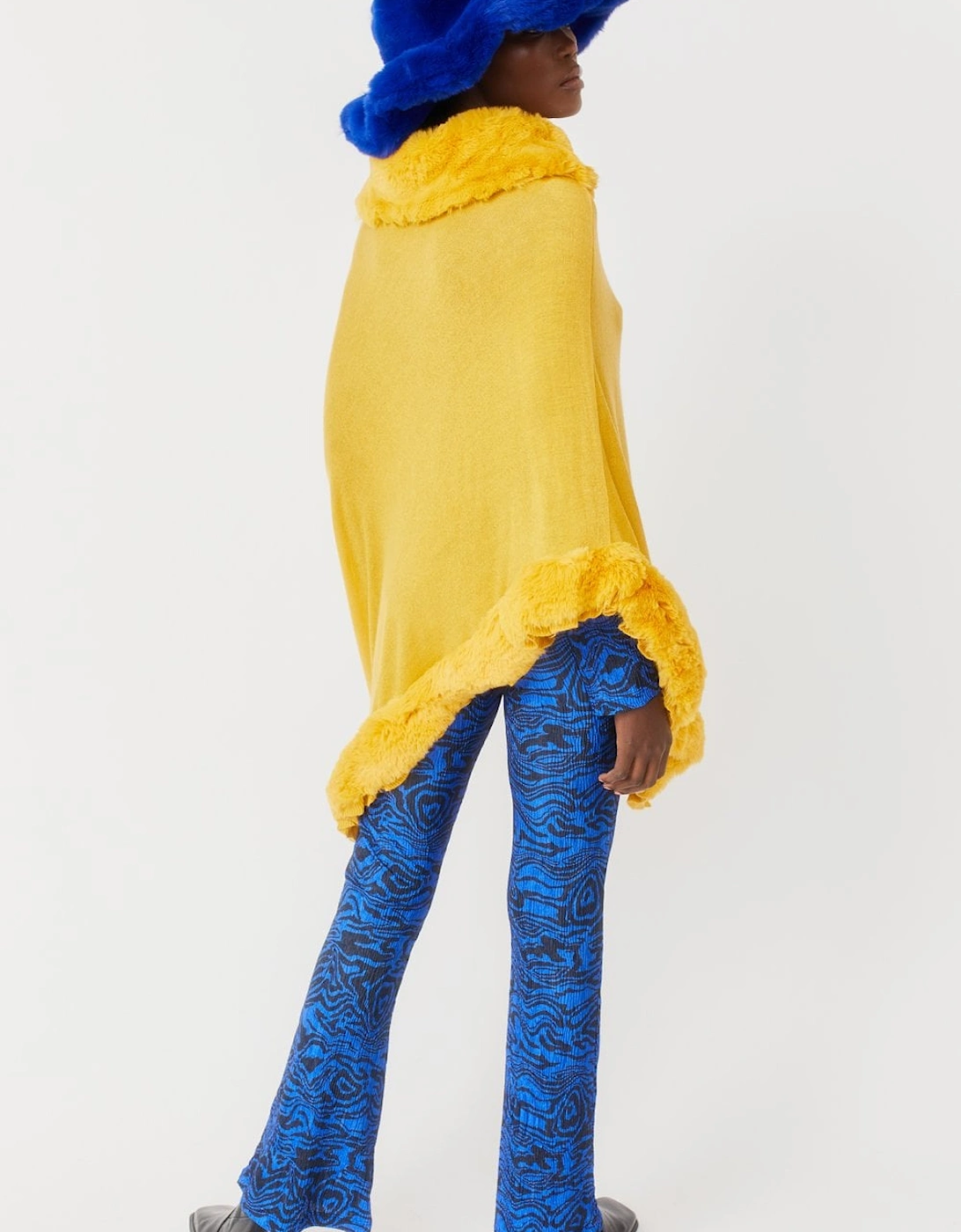 Yellow Faux Fur Trim Poncho