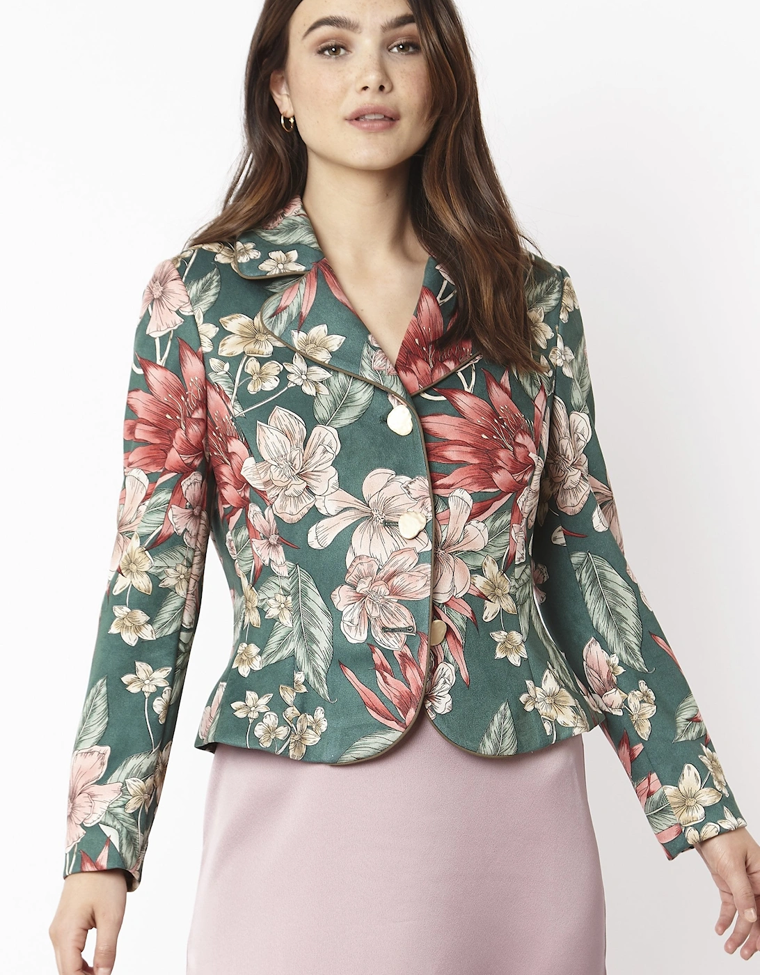 Green Faux Suede Floral Cropped Jacket