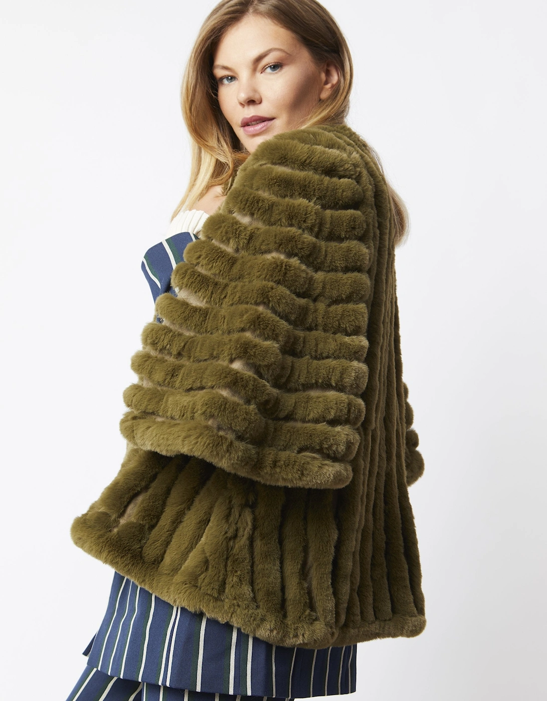 Khaki Faux Fur Striped Coat, 6 of 5