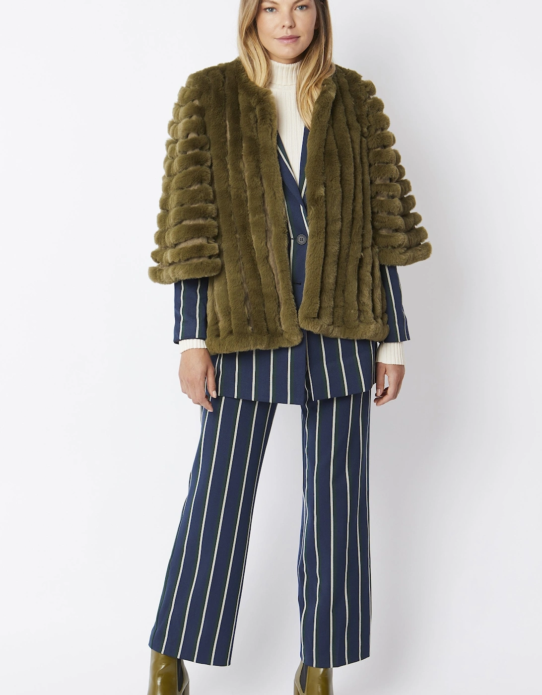 Khaki Faux Fur Striped Coat