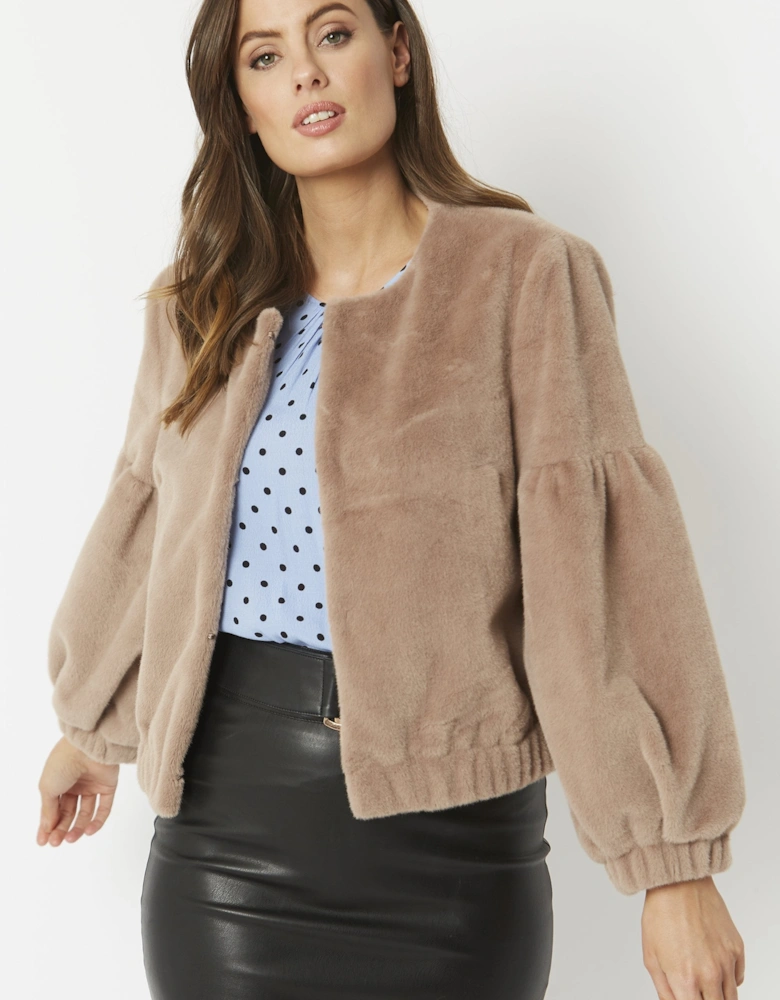 Mocha Faux Fur Cropped Jacket with Puff Sleeves