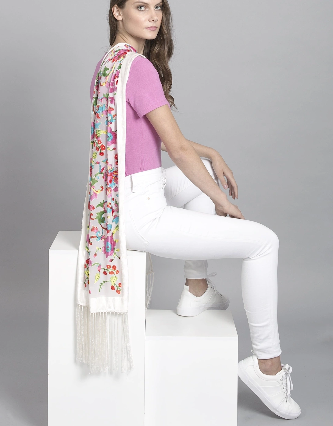 Cream Silk Blend Devore Scarf, 4 of 3