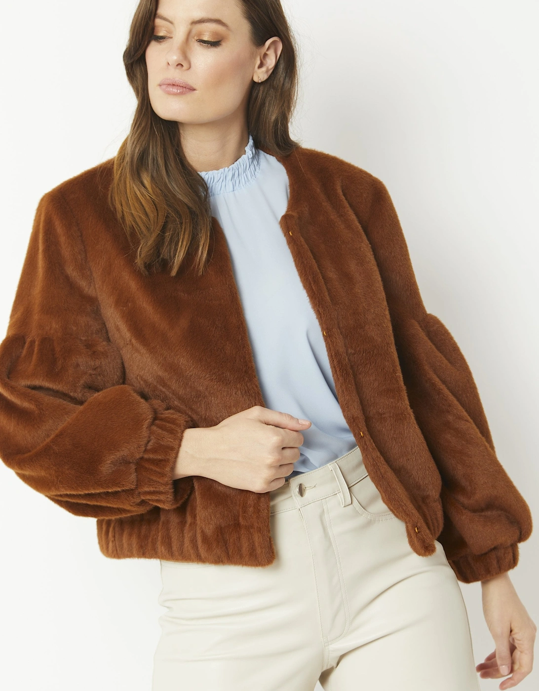 Chocolate Faux Fur Cropped Jacket with Puff Sleeves, 8 of 7