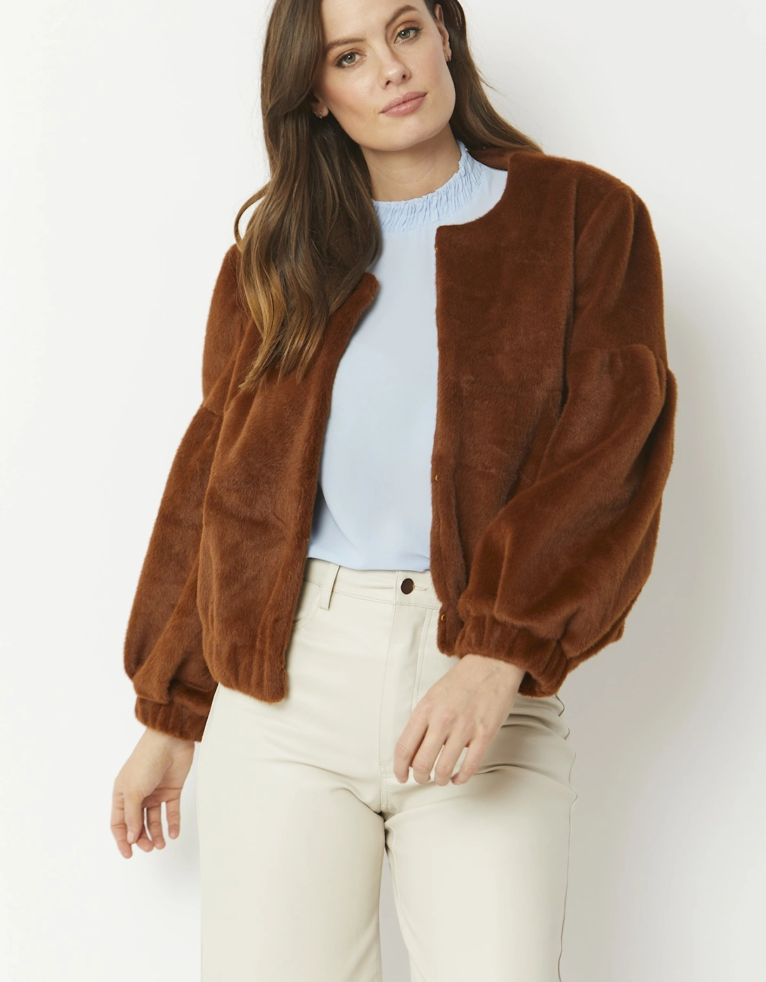 Chocolate Faux Fur Cropped Jacket with Puff Sleeves