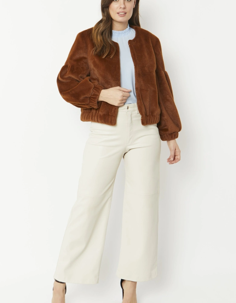 Chocolate Faux Fur Cropped Jacket with Puff Sleeves
