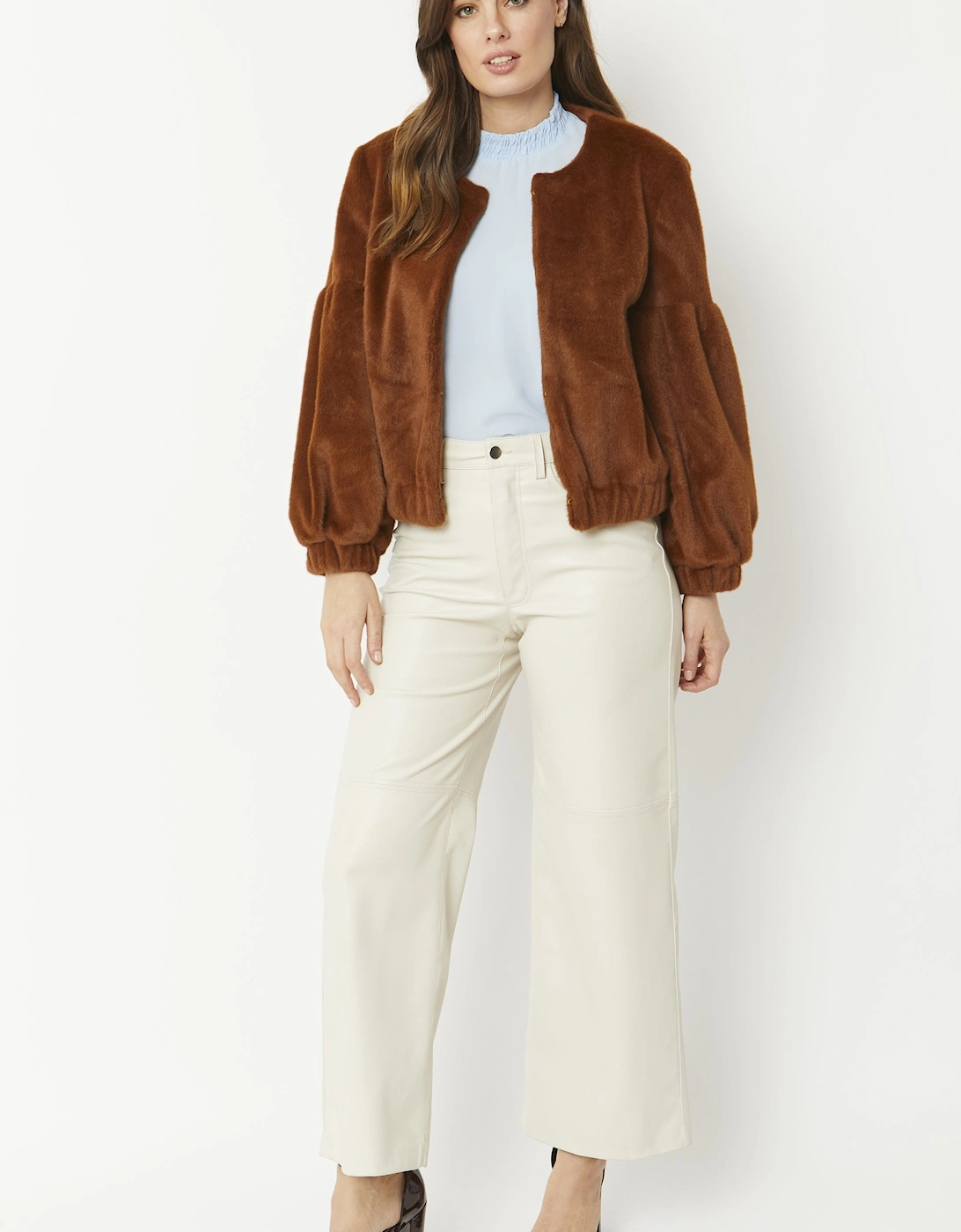 Chocolate Faux Fur Cropped Jacket with Puff Sleeves