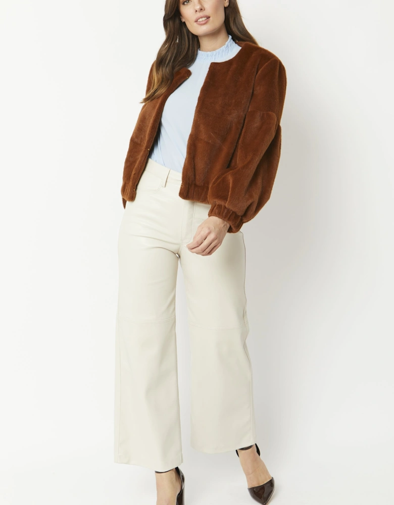 Chocolate Faux Fur Cropped Jacket with Puff Sleeves