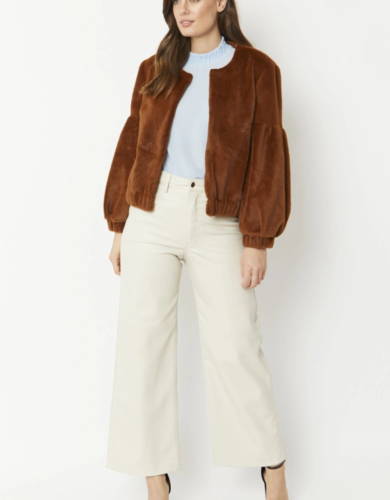 Chocolate Faux Fur Cropped Jacket with Puff Sleeves