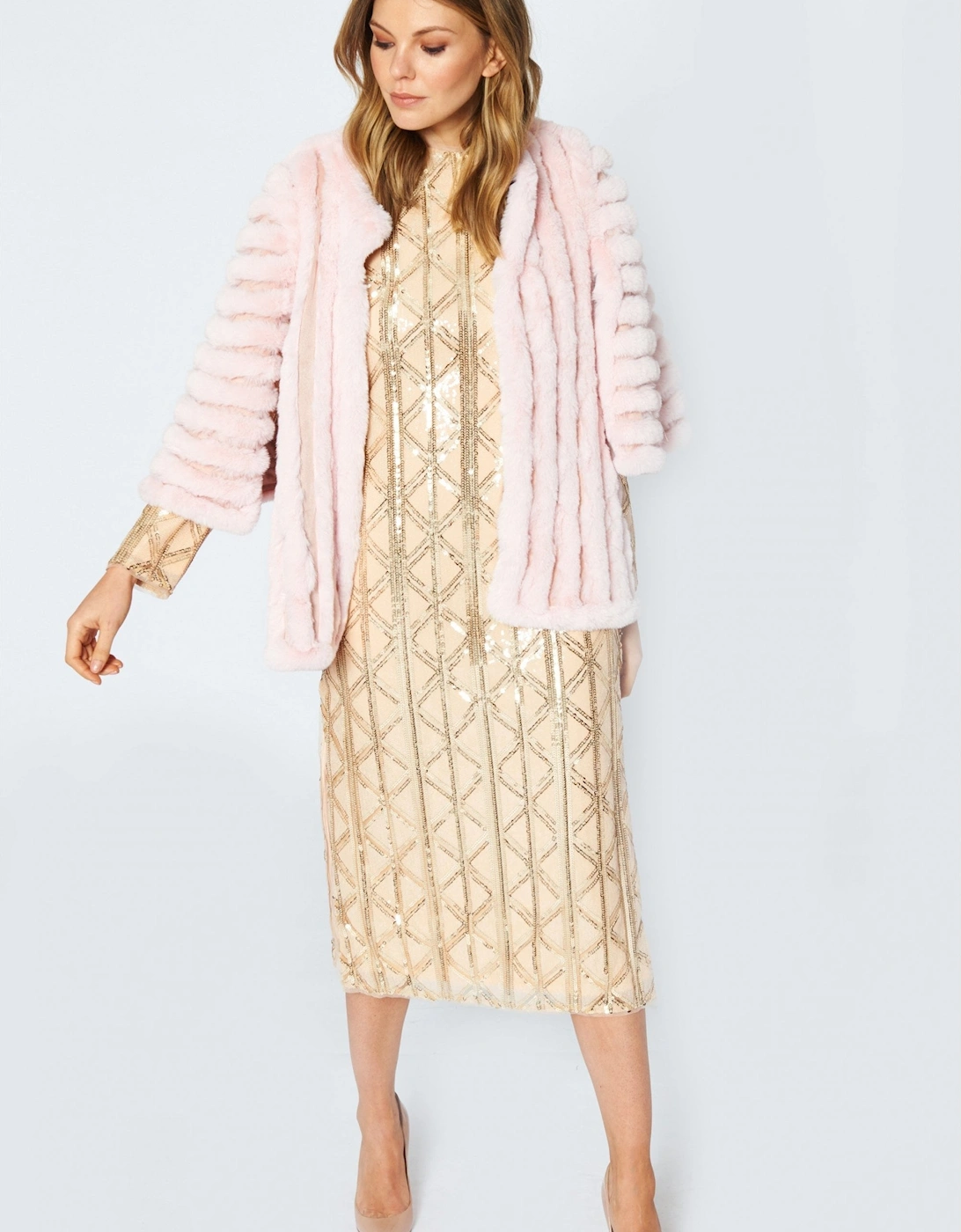 Pink Faux Fur Striped Coat