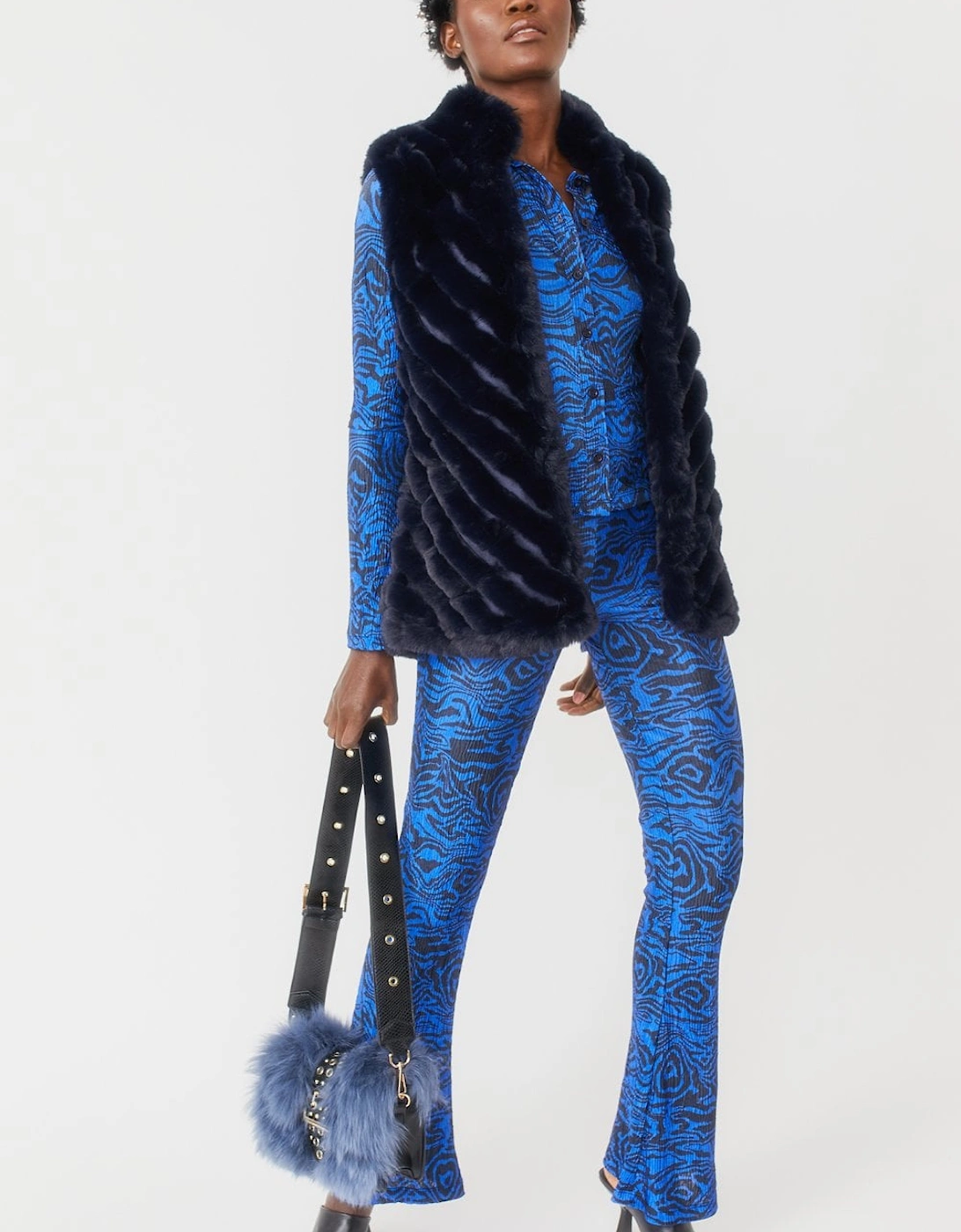 Blue Faux Fur Faux Suede Diagonal Stripe Gilet