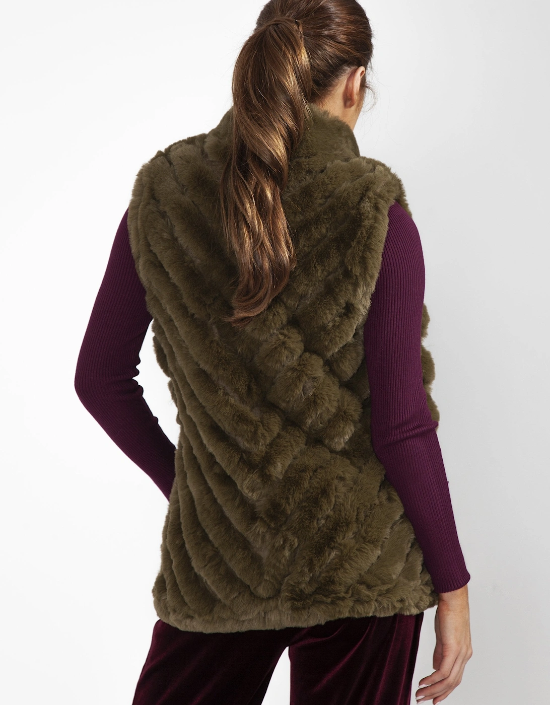 Green Faux Fur Faux Suede Diagonal Stripe Gilet