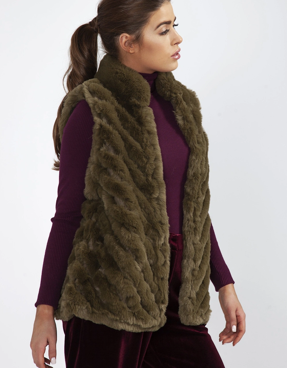 Green Faux Fur Faux Suede Diagonal Stripe Gilet, 4 of 3