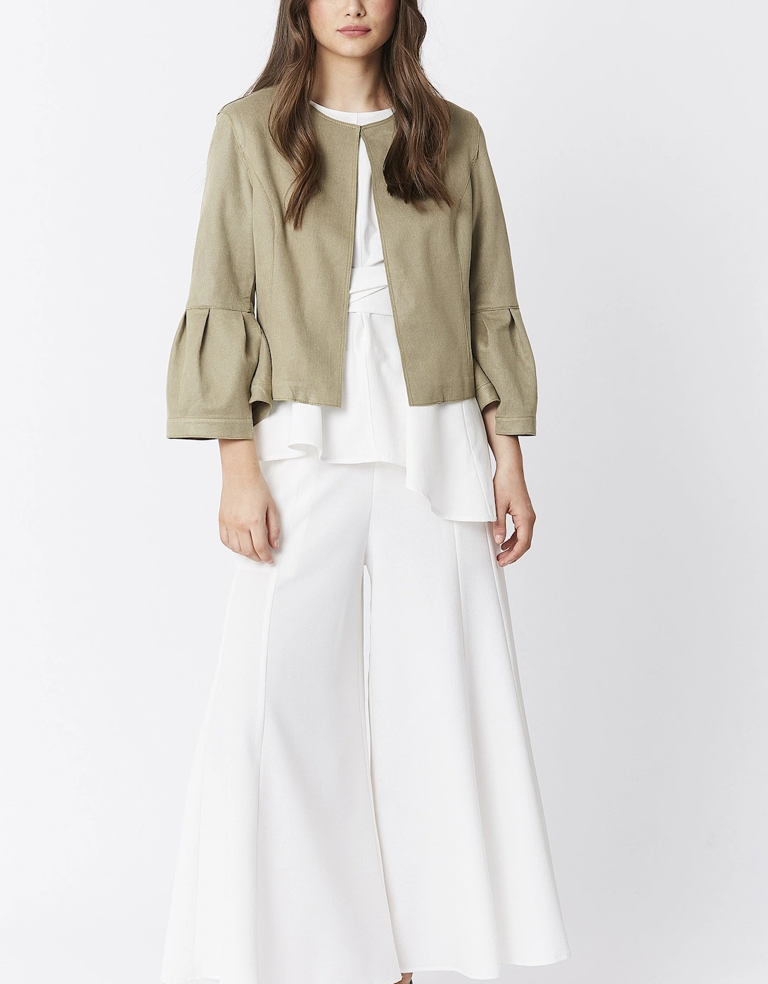 Green Faux Suede Cropped Jacket With Frill Sleeve, 7 of 6