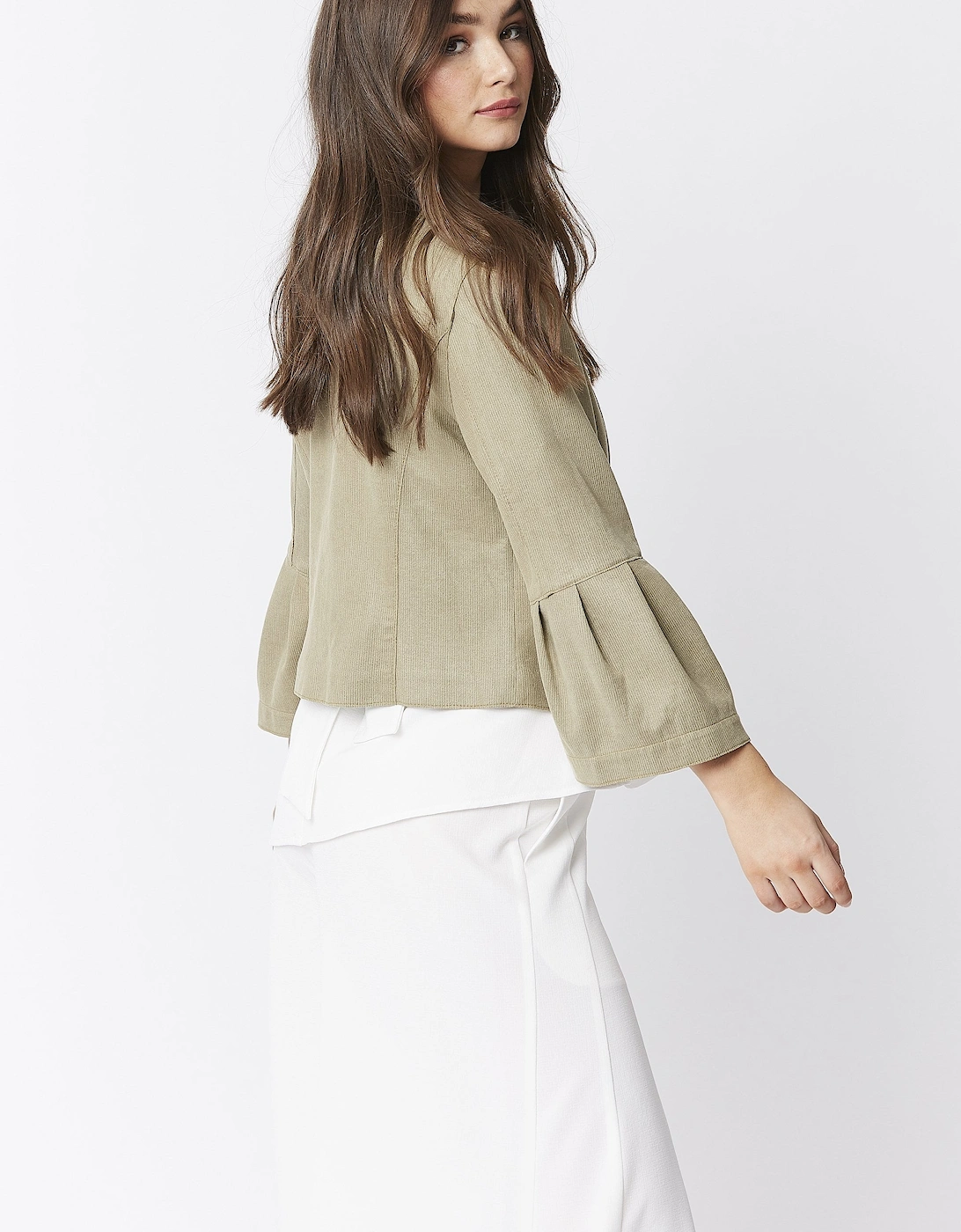 Green Faux Suede Cropped Jacket With Frill Sleeve