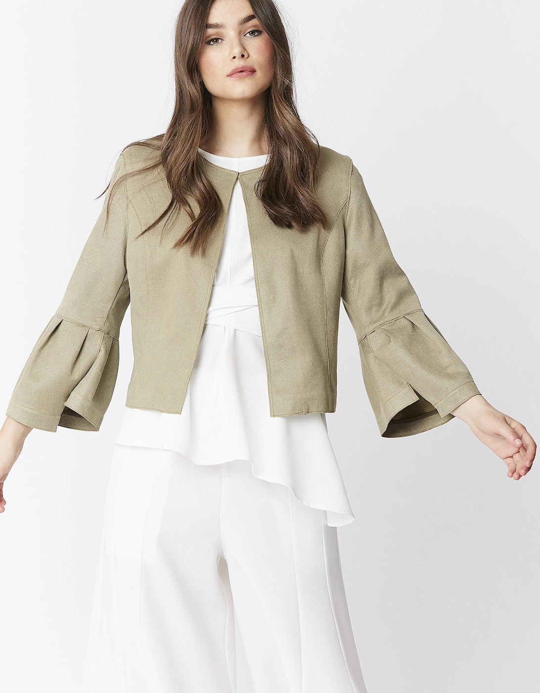 Green Faux Suede Cropped Jacket With Frill Sleeve