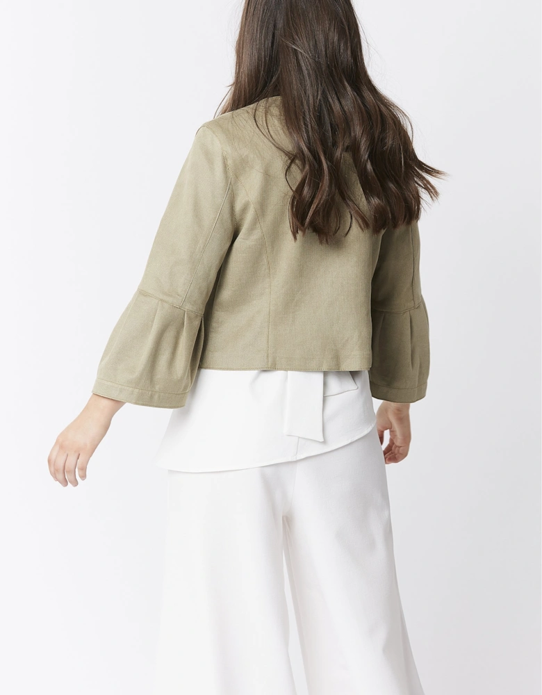 Green Faux Suede Cropped Jacket With Frill Sleeve