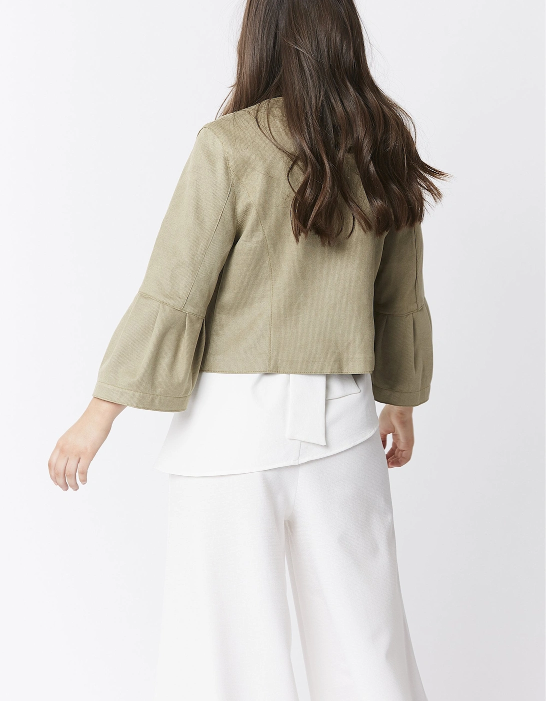 Green Faux Suede Cropped Jacket With Frill Sleeve