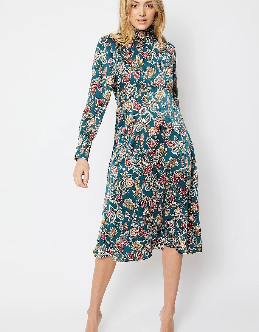 Green Duchess Silk Blend Midi Dress in Floral Print, 5 of 4