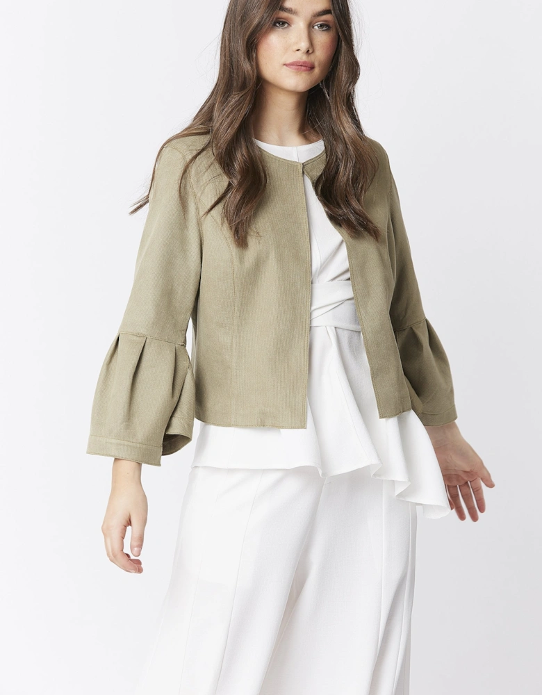 Green Faux Suede Cropped Jacket With Frill Sleeve