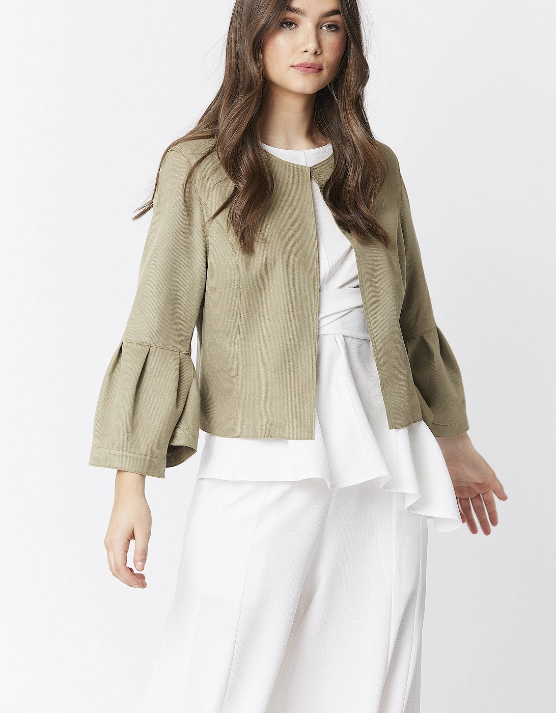 Green Faux Suede Cropped Jacket With Frill Sleeve