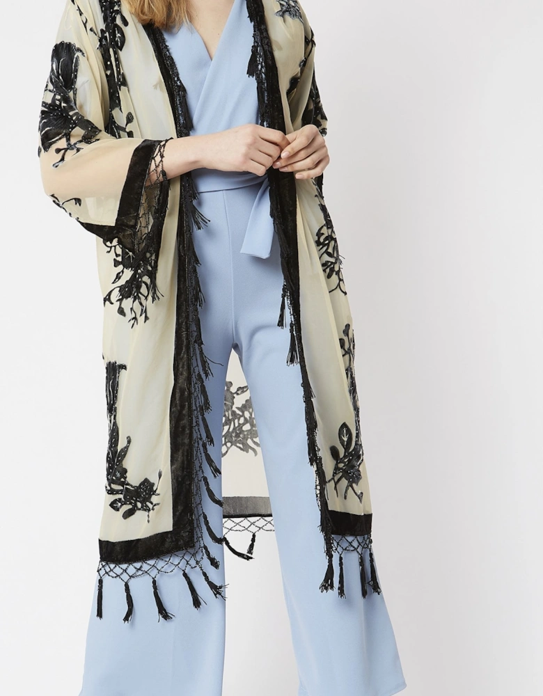 Mocha Long Length Devore Kimono Style Jacket