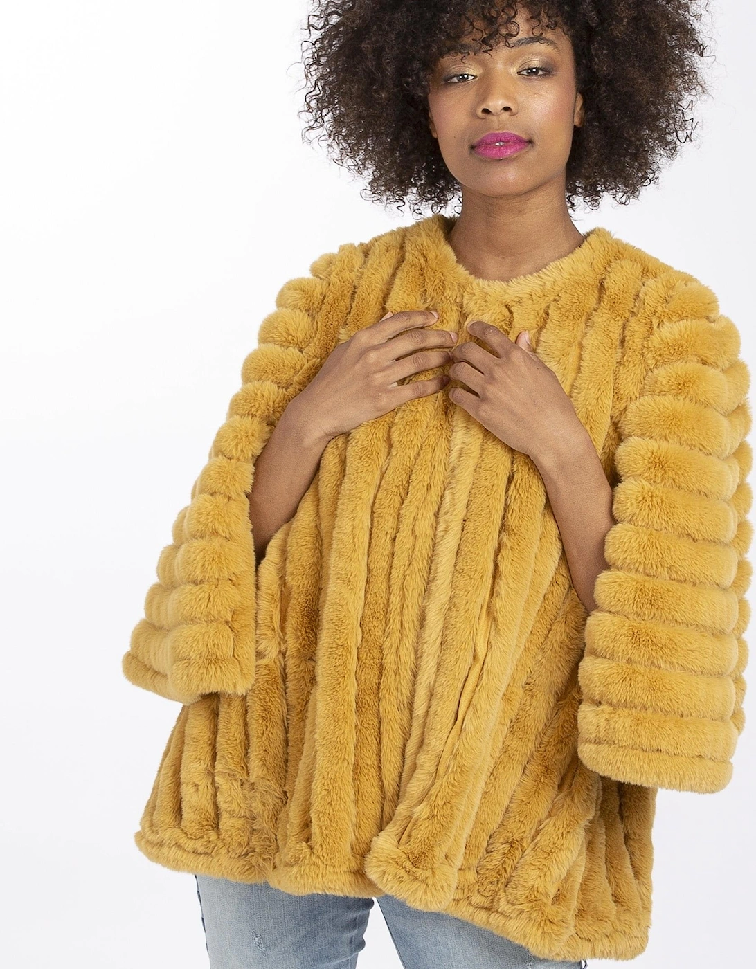 Yellow Faux Fur Striped Coat